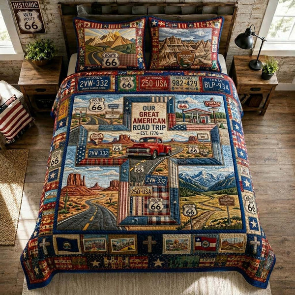Great American Roadtrip quilted 3-piece bedding set on a made bed in a warmly lit bedroom