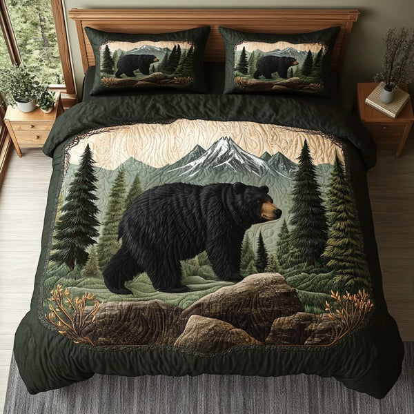Great Smoky Mountain Black Bear quilted 3-piece bedding set on a made bed with two matching pillow shams