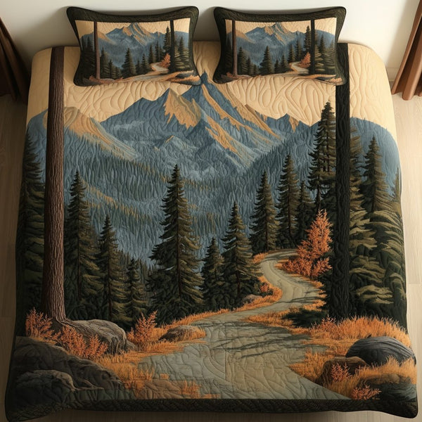 Great Smoky Mountain Escape quilted 3-piece bedding set on a made bed with two matching pillow shams