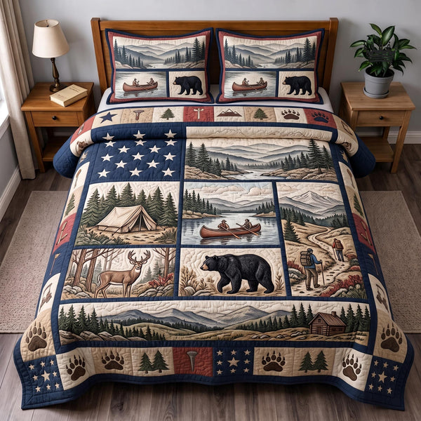 Great Smoky Mountains quilted 3-piece bedding set on a made bed with two matching pillow shams