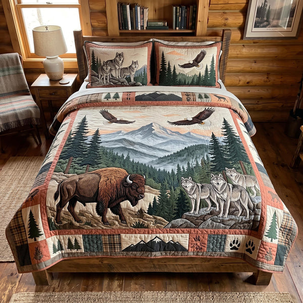 Great Smoky Mountains quilted 3-piece bedding set on a made bed with two matching pillow shams
