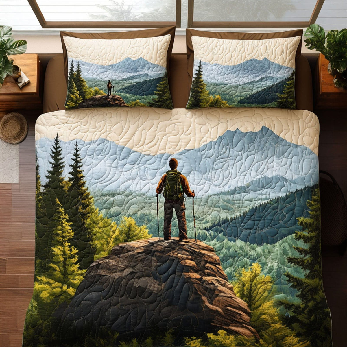 Great Smoky Wander quilted 3-piece bedding set on a made bed with two matching pillow shams