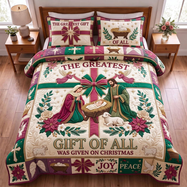 Greatest Gift quilted 3-piece bedding set on a made bed with two matching pillow shams