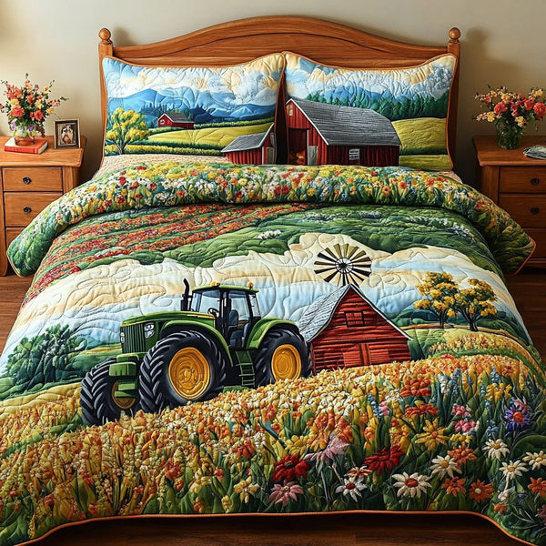 Green Acres Quilt quilted 3-piece bedding set on a made bed with two matching pillow shams