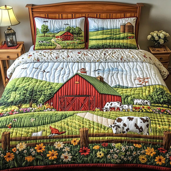 Green Acres quilted 3-piece bedding set on a made bed with two matching pillow shams
