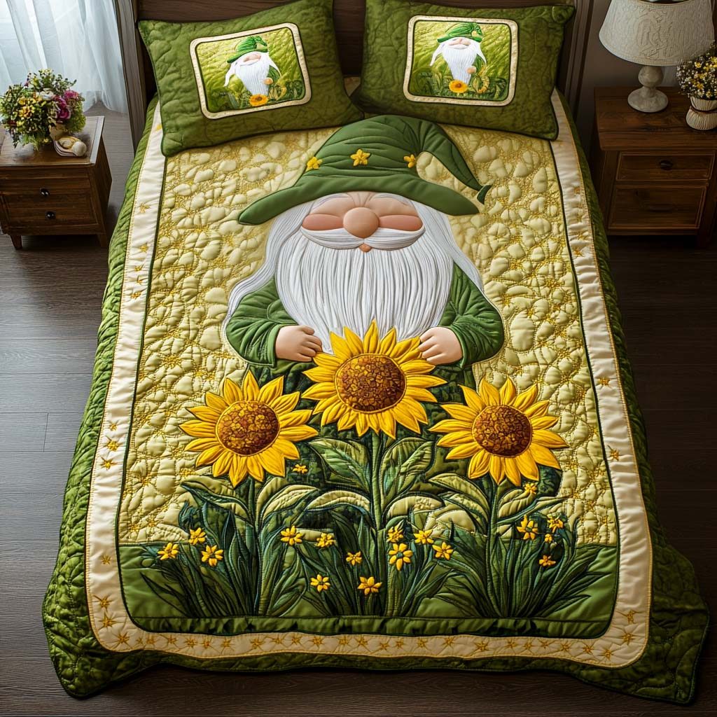 Green Bliss quilted 3-piece bedding set on a made bed with two matching pillow shams