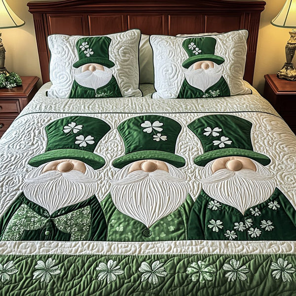 Green Delight quilted 3-piece bedding set on a made bed with two matching pillow shams