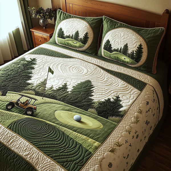 Green Dream quilted 3-piece bedding set on a made bed with two matching pillow shams