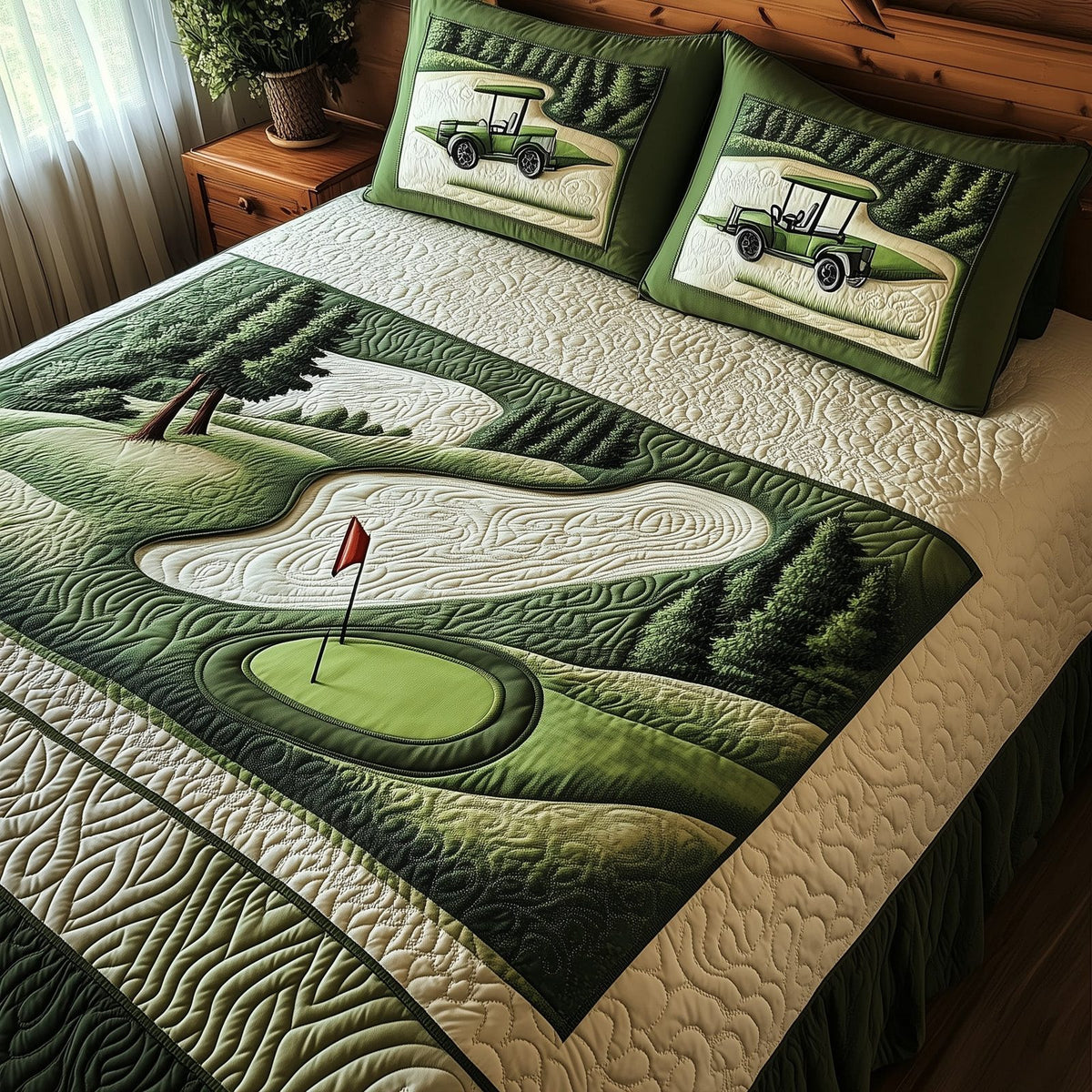 Green Dream quilted 3-piece bedding set on a made bed with two matching pillow shams