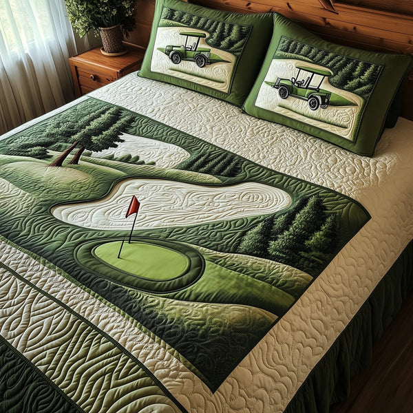 Green Dream quilted 3-piece bedding set on a made bed with two matching pillow shams