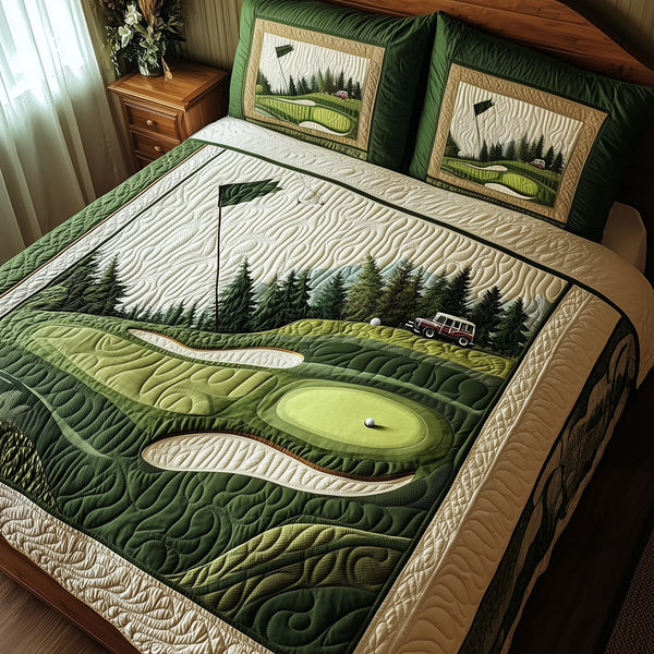 Green Dream quilted 3-piece bedding set on a made bed with two matching pillow shams