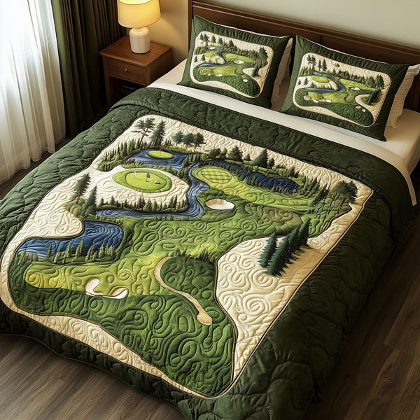 Green Dream quilted 3-piece bedding set on a made bed with two matching pillow shams