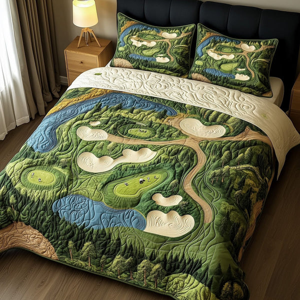 Green Dream quilted 3-piece bedding set on a made bed with two matching pillow shams
