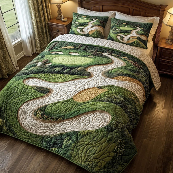 Green Dream quilted 3-piece bedding set on a made bed with two matching pillow shams