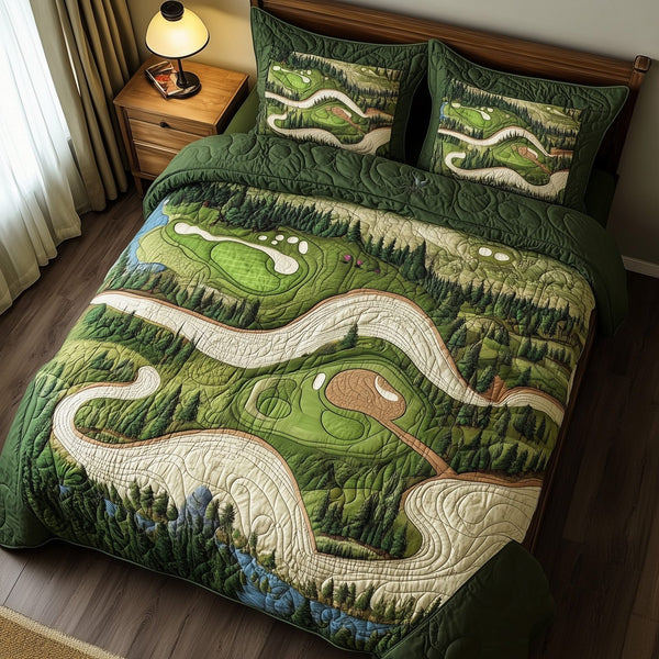 Green Dream quilted 3-piece bedding set on a made bed with two matching pillow shams