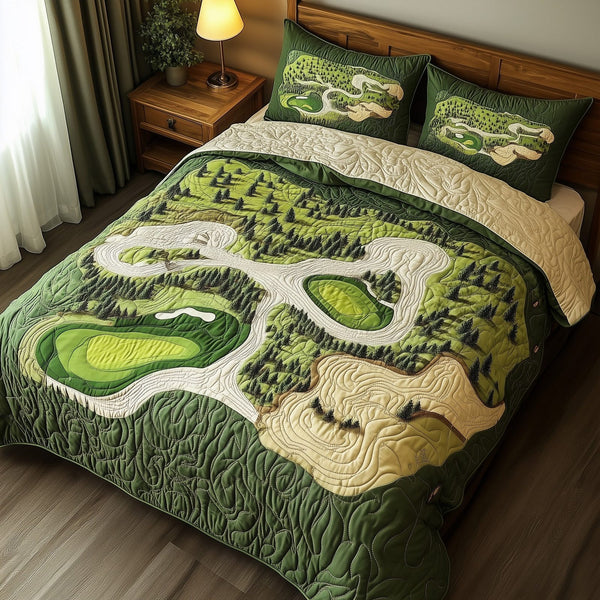 Green Dream quilted 3-piece bedding set on a made bed with two matching pillow shams