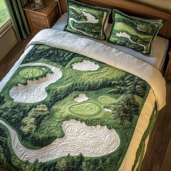 Green Dream quilted 3-piece bedding set on a made bed with two matching pillow shams