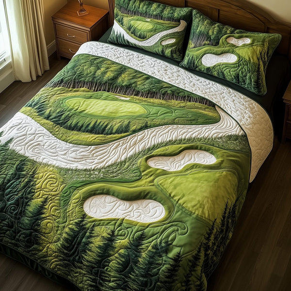Green Dream quilted 3-piece bedding set on a made bed with two matching pillow shams