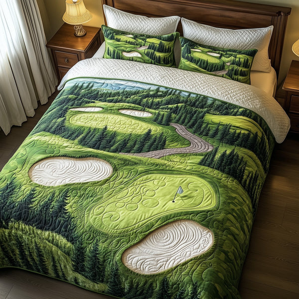 Green Dream quilted 3-piece bedding set on a made bed with two matching pillow shams