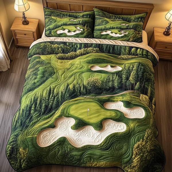 Green Dream quilted 3-piece bedding set on a made bed with two matching pillow shams