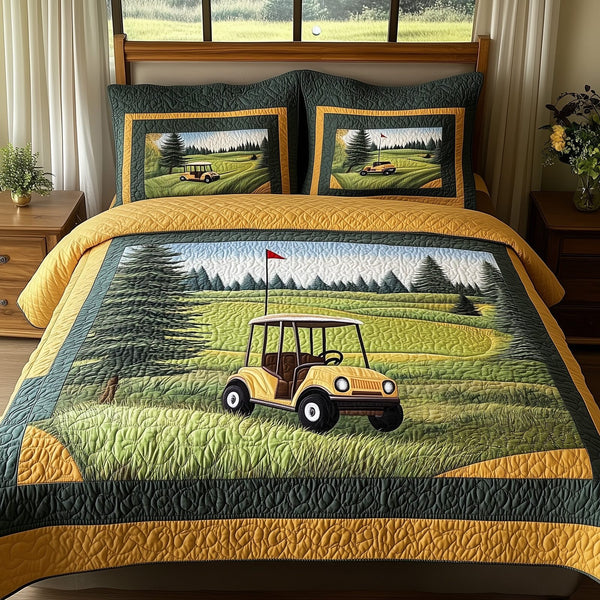 Green Escape quilted 3-piece bedding set on a made bed with two matching pillow shams