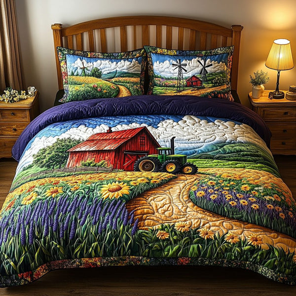 Green Fields quilted 3-piece bedding set on a made bed with two matching pillow shams