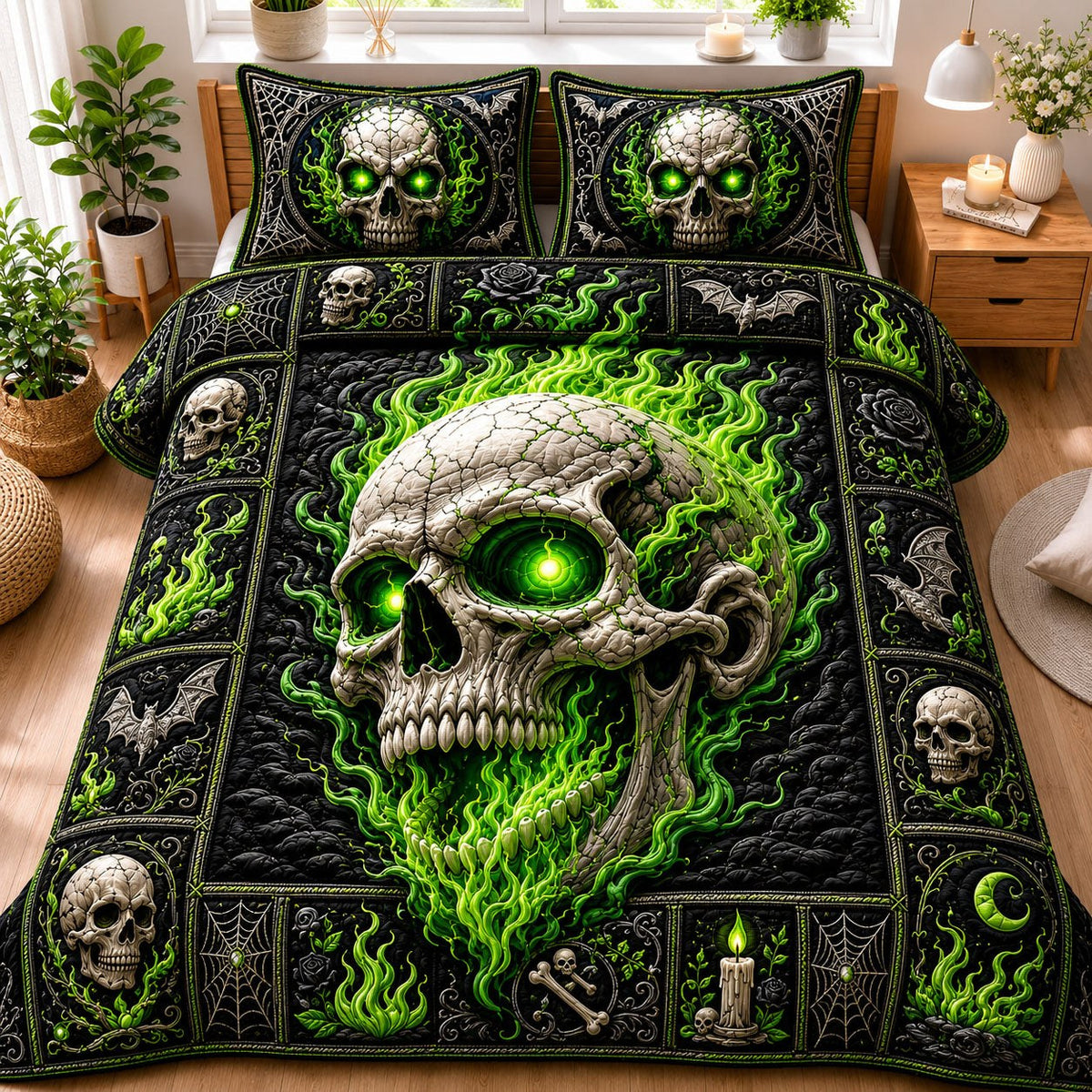 Green Flame Skull Halloween quilted 3-piece bedding set on a made bed against a dark styled interior