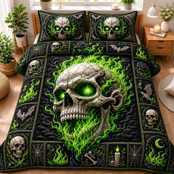 Green Flame Skull Halloween quilted 3-piece bedding set on a made bed against a dark styled interior