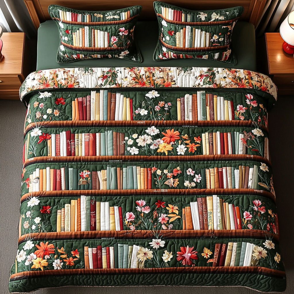 Green Garden library quilted 3-piece bedding set on a made bed with two matching pillow shams