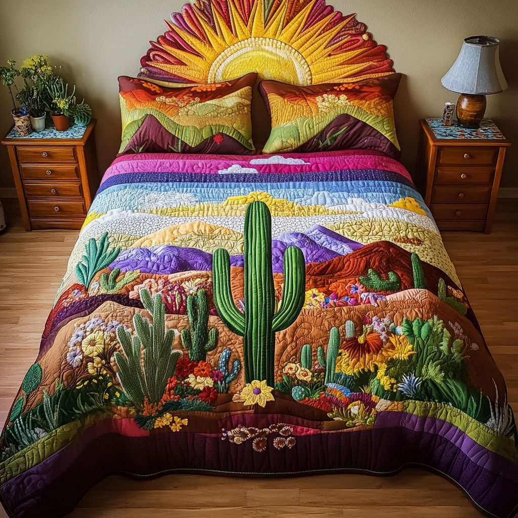 Green Horizon Quilt quilted 3-piece bedding set on a made bed with two matching pillow shams