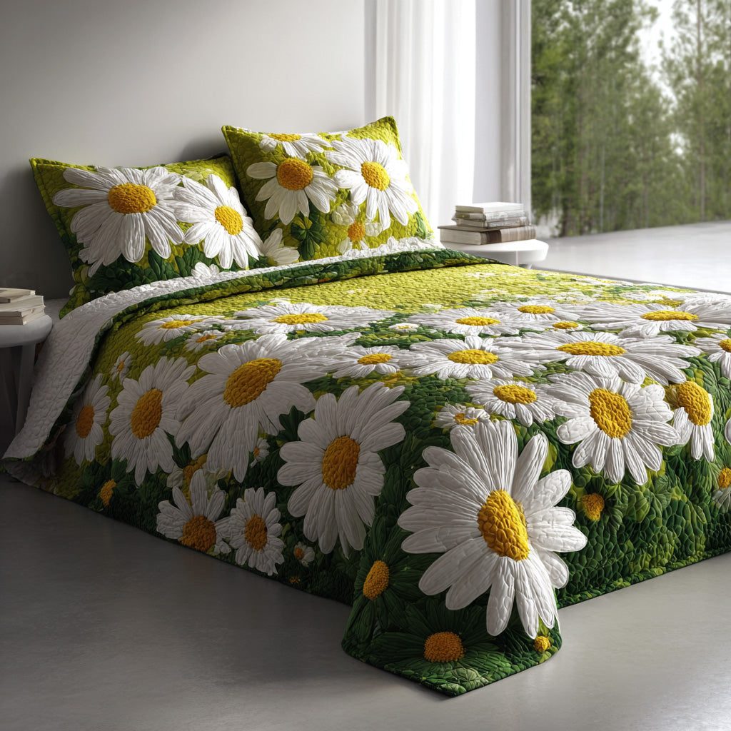 Green Meadow quilted 3-piece bedding set on a made bed with two matching pillow shams