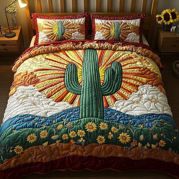 Green Oasis quilted 3-piece bedding set on a made bed with two matching pillow shams