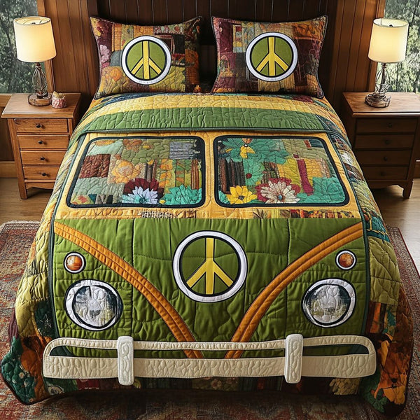 Green Retro Van quilted 3-piece bedding set on a made bed in a farmhouse bedroom