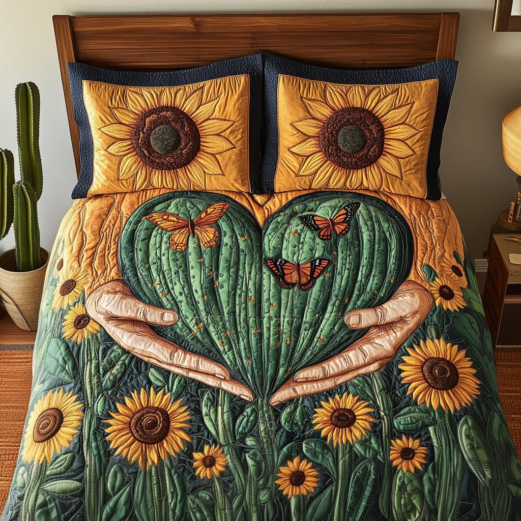 Green Romance quilted 3-piece bedding set on a made bed with two matching pillow shams