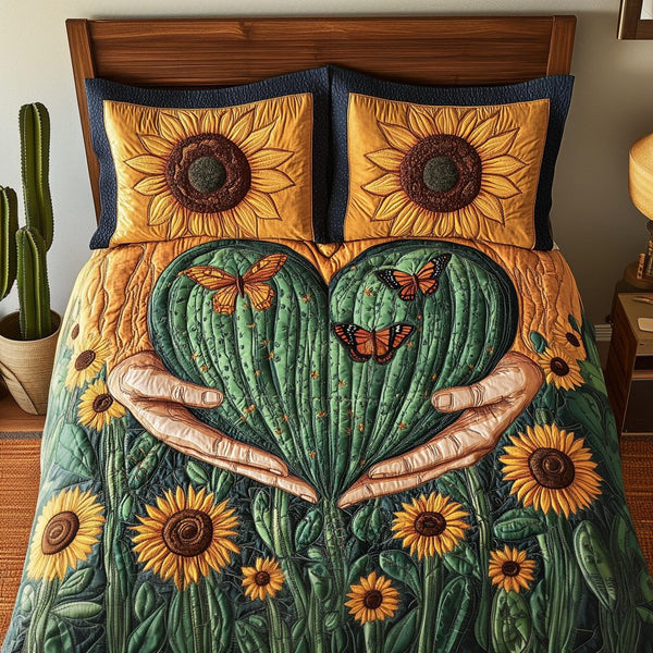 Green Romance quilted 3-piece bedding set on a made bed with two matching pillow shams