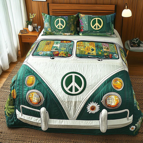 Green Vintage Van quilted 3-piece bedding set on a made bed in a farmhouse bedroom