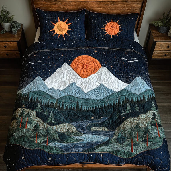 Green Wilderness quilted 3-piece bedding set on a made bed with two matching pillow shams