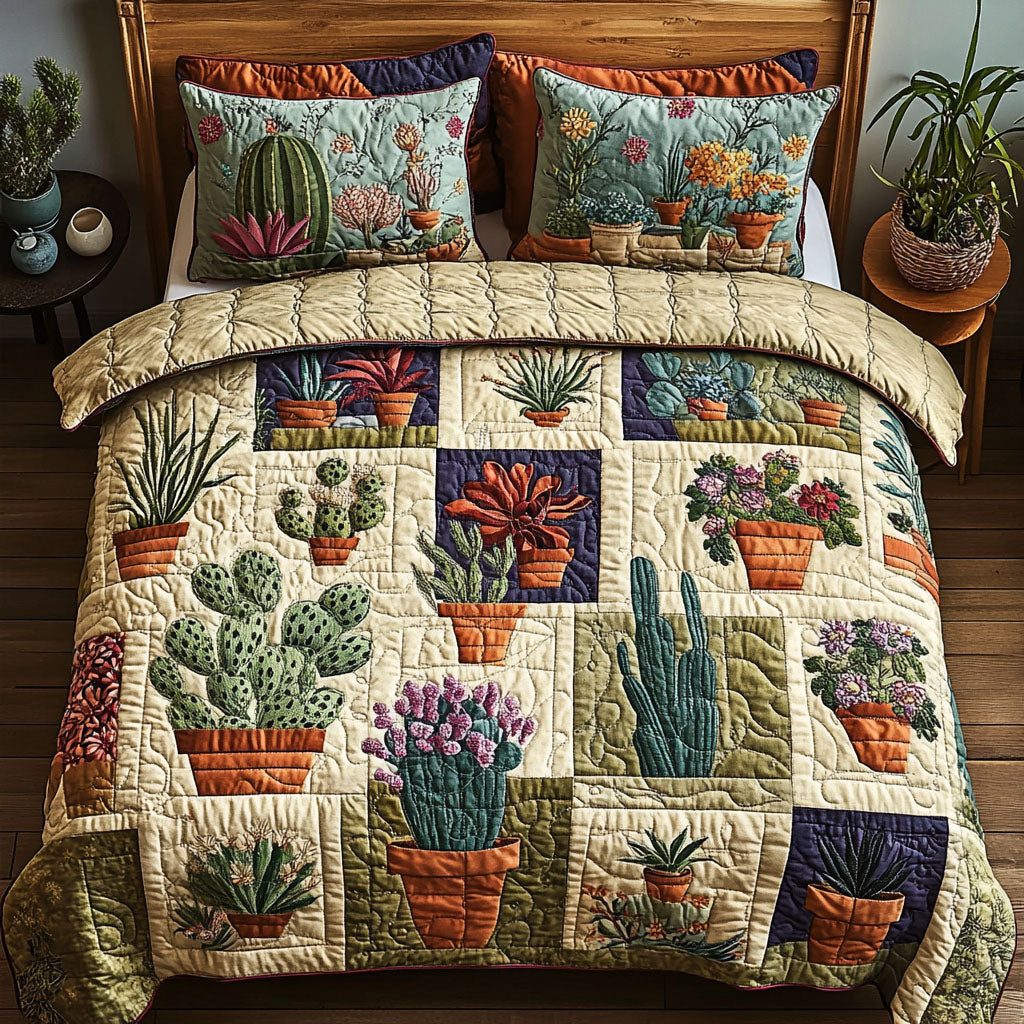 Greenhouse Whimsy quilted 3-piece bedding set on a made bed with two matching pillow shams