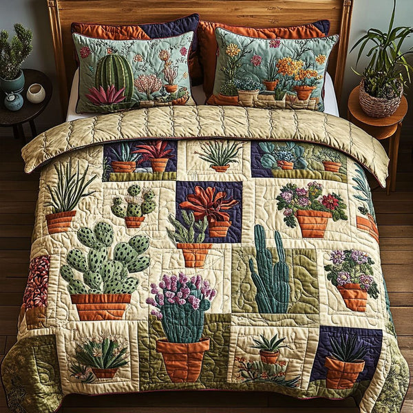 Greenhouse Whimsy quilted 3-piece bedding set on a made bed with two matching pillow shams