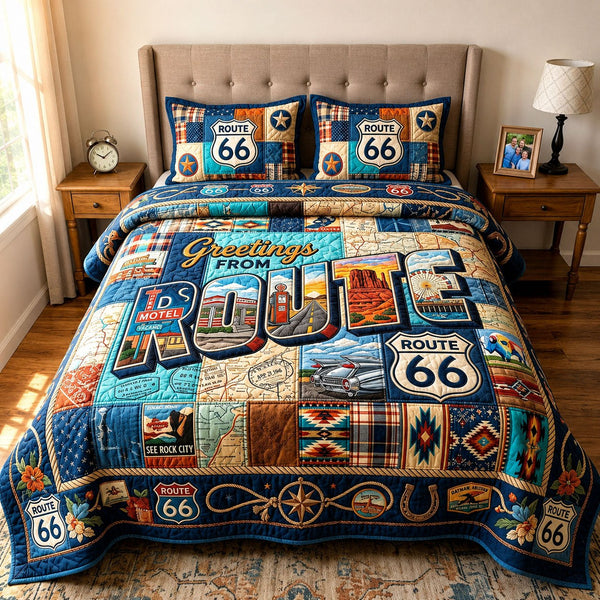 Greetings From Route 66 quilted 3-piece bedding set on a made bed with two matching pillow shams