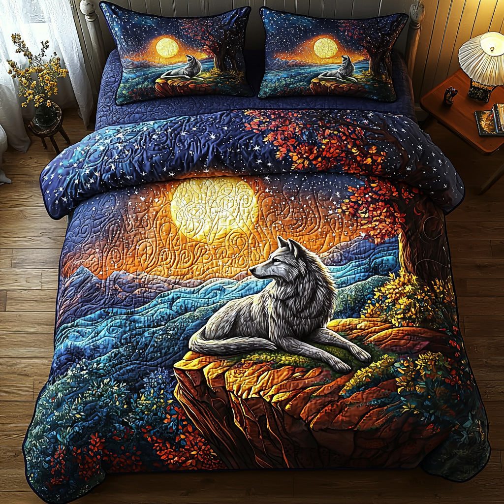 Grey Whisper quilted 3-piece bedding set on a made bed with two matching pillow shams