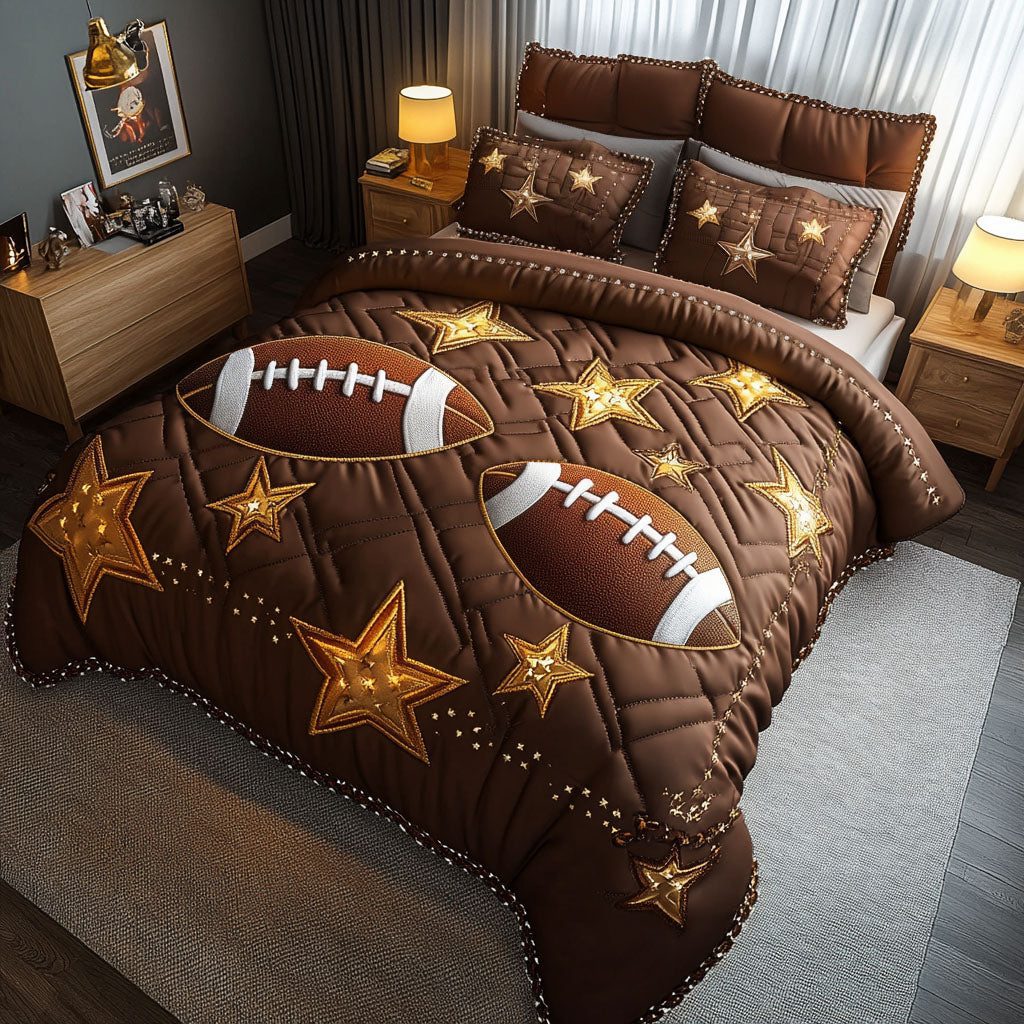 Gridiron Dreams quilted 3-piece bedding set on a made bed with two matching pillow shams