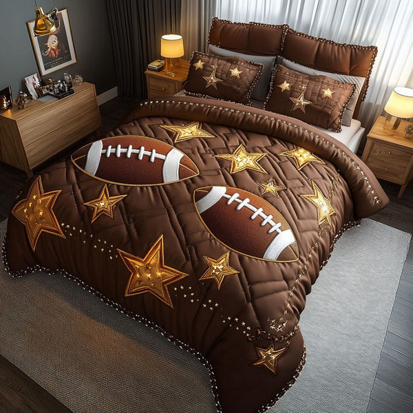 Gridiron Dreams quilted 3-piece bedding set on a made bed with two matching pillow shams