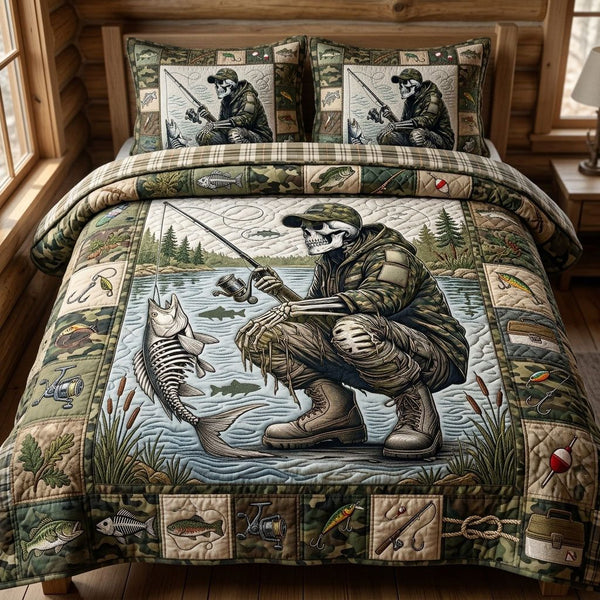 Grim Reaper Fishing quilted 3-piece bedding set on a made bed against a dark styled interior