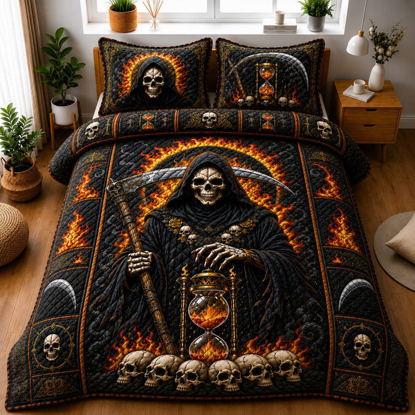Grim Reaper Hourglass quilted 3-piece bedding set on a made bed against a dark styled interior