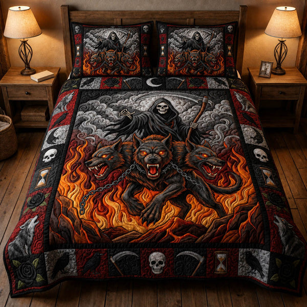 Grim Reaper quilted 3-piece bedding set on a made bed against a dark styled interior