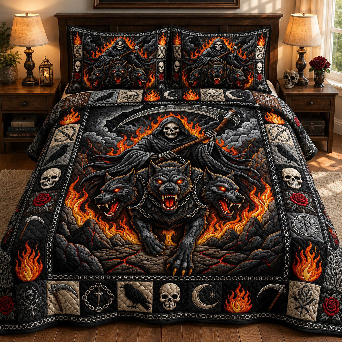 Grim Reaper quilted 3-piece bedding set on a made bed against a dark styled interior