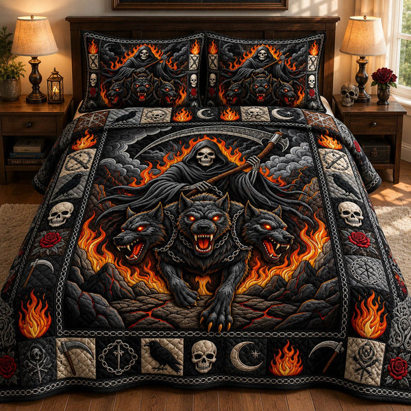 Grim Reaper quilted 3-piece bedding set on a made bed against a dark styled interior