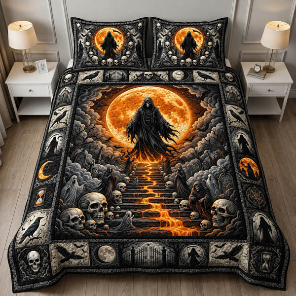 Grim Reaper quilted 3-piece bedding set on a made bed against a dark styled interior