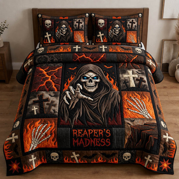 Grim Reaper quilted 3-piece bedding set on a made bed against a dark styled interior